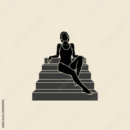 Silhouette Icon: Woman Relaxing in Swimsuit on Steps by Poolside