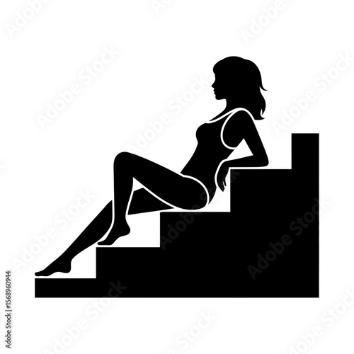 Poolside Serenity Silhouette: Woman Relaxing on Steps in Swimsuit