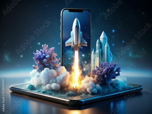 Space Launch Tech: Smartphone Display with Rocket Ship and Cosmic Flowers