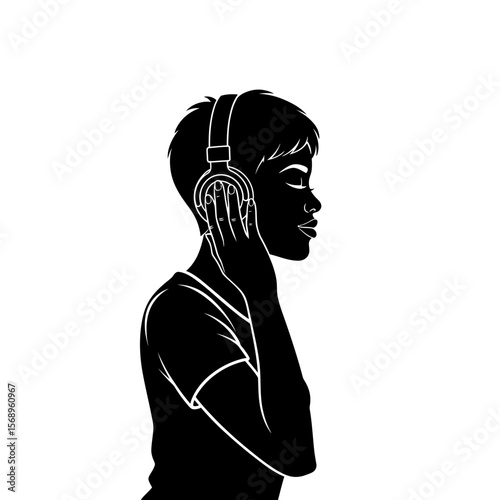 Silhouette Icon: Young African American Woman with Immersive Headphones