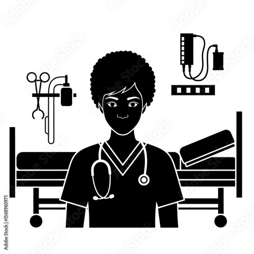 Silhouette Icon: Young African-American Nurse in Clinic Setting