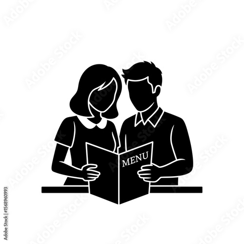 Silhouette Icon: Young Couple Checking Restaurant Menu Together