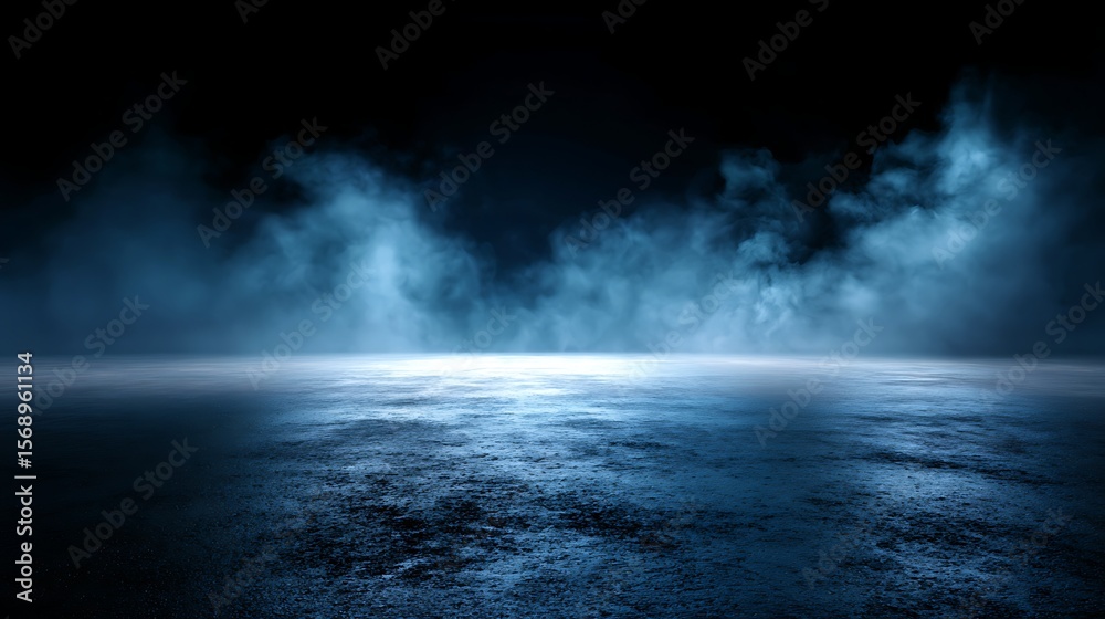 Fototapeta premium Abstract dark background with blue mist and light illuminating a textured surface in a studio setting