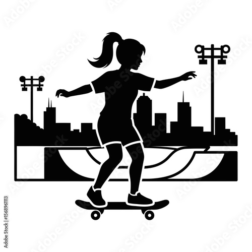 Silhouette Icon: Young Woman Posing at Skate Park, Urban Lifestyle
