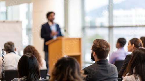 Soft focus seminar room with Indian presenter addressing business crowd
