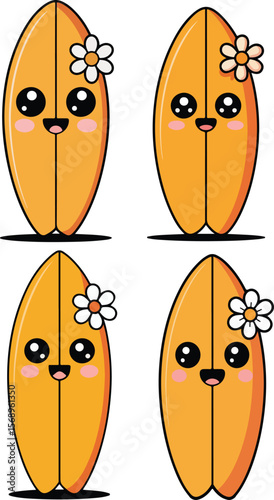 Kawaii Cartoon Surfboard Character with Flower