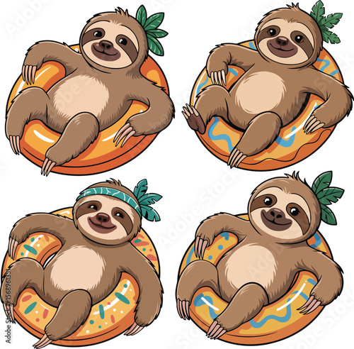 lazy beach sloth floating-on an inflatab