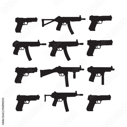 Twelve Black Silhouettes of Handguns and Submachine Guns in a Four by Three Grid on White Background Firearms Weaponry Illustrations Gun Collection