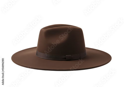 A Brown Wool Fedora Hat with Decorative Band isolated on transparent background