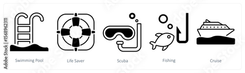 A set of 5 mix icons as swimming pool, life saver, scuba