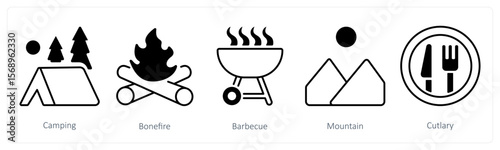 A set of 5 mix icons as camping, bonfire, barbecue