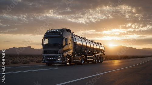 Truck with an oversized stainless steel tank on the side is driving along a wide road.