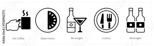 A set of 5 mix icons as hot coffee, watermelon, beverages