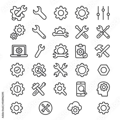 Setting Line Icons – Minimalist Gear, Wrench, and Tool Symbols for UI/UX, Mobile Apps, Web Design, and Software Interfaces