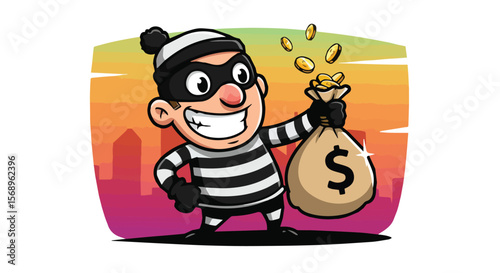 Happy Cartoon Burglar with Money Bags at Sunset