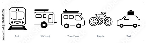 A set of 5 mix icons as train, camping, travel van