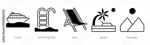 A set of 5 mix icons as cruise, swimming pool, rest