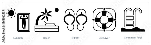 A set of 5 mix icons as sunbath, beach, slipper