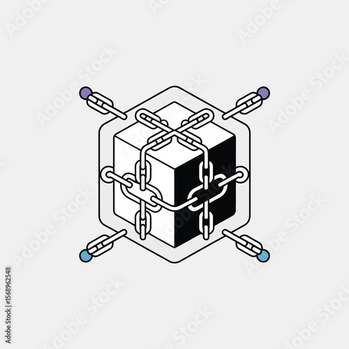 Minimalist isometric illustration of a black and white cube bound by interconnected chains with small colored spheres at each chain end light grey background