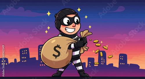 Happy Cartoon Burglar with Money Bags at Sunset