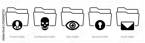 A set of 5 mix icons as private folder, confidential folder, view folder