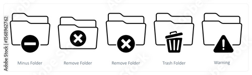 A set of 5 mix icons as minus folder, remove folder, trash folder