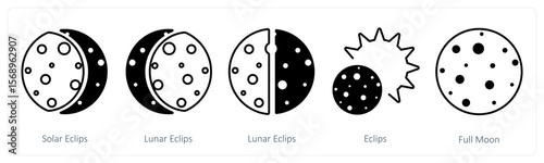 A set of 5 mix icons as solar eclipse, lunar eclipse, eclipse