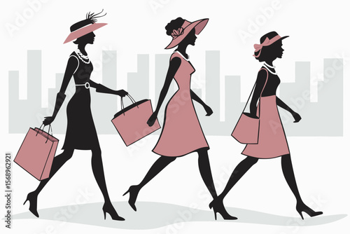 Luxury Woman Fashion Silhouettes — Elegant Dresses, Purses, High Heels, Walking Runway Models & Chic Poses for Boutique Branding