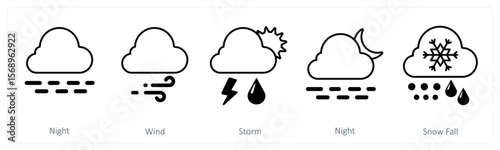 A set of 5 mix icons as night wind, storm