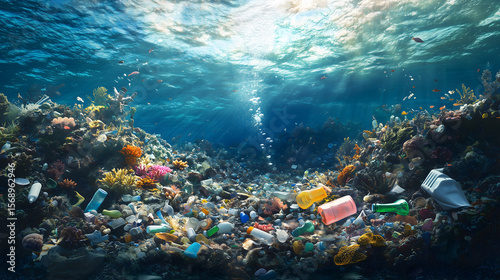 Coral reef destroyed by plastic pollution, with vibrant marine life struggling among discarded plastic bottles and bags