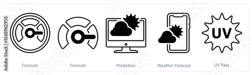 A set of 5 mix icons as forecast, prediction, weather forecast