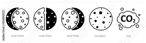 A set of 5 mix icons as lunar eclipse, eclipse, solar eclipse