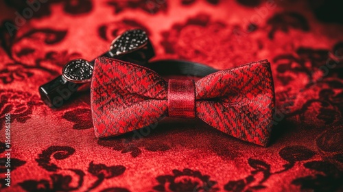 Elegant Red Bow Tie and Cufflinks on Ornate Fabric, Formal Wear Still Life