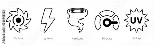 A set of 5 mix icons as cyclone, lightning, hurricane
