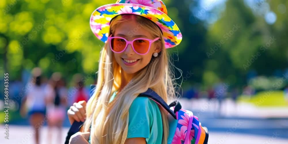 A young student walks on campus on the first day of school during the fall semester