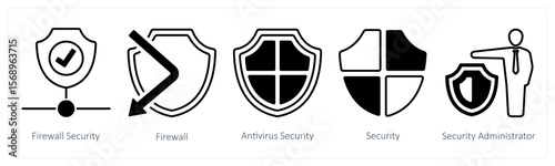 A set of 5 mix icons as firewall security, firewall, antivirus security