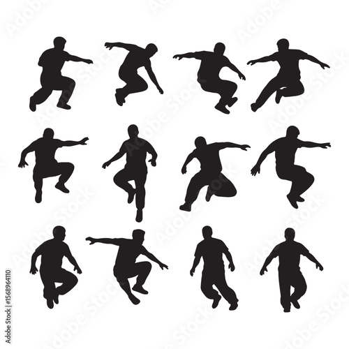 Twelve Black Silhouettes of Men Executing Parkour Jumps and Dynamic Movements in Various Poses Against a White Background