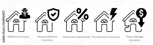 A set of 5 mix icons as robbery insurance, house protection insurance, home loan interest rate