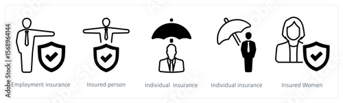 A set of 5 mix icons as employement insurance, insured person, individual insurance
