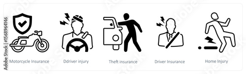 A set of 5 mix icons as motorcycle insurance, driver injury, theft insurance