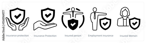 A set of 5 mix icons as insurance protection, insured person, employement insurance