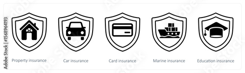 A set of 5 mix icons as property insurance, car insurance, card insurance