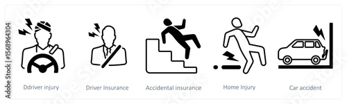 A set of 5 mix icons as driver injury, driver insurance, accidental insurance