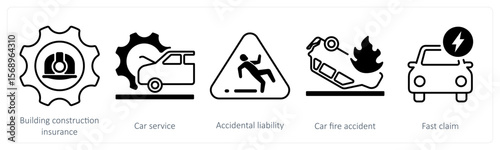 A set of 5 mix icons as building construction, car service, accidental liability
