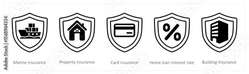 A set of 5 mix icons as marine insurance, property insurance, card insurance