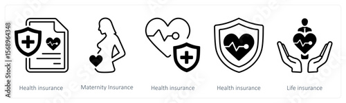 A set of 5 mix icons as health insurance, maternity insurance, life insurance