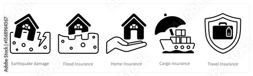 A set of 5 mix icons as earthquake damange, flood insurance, home insurance