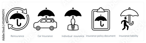 A set of 5 mix icons as reinsurance, car insurance, individual insurance