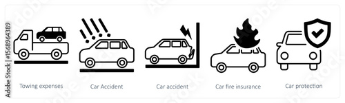 A set of 5 mix icons as towing expenses, car accident, car fire insurance