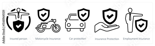 A set of 5 mix icons as insured person, motorcycle insurance, car protection